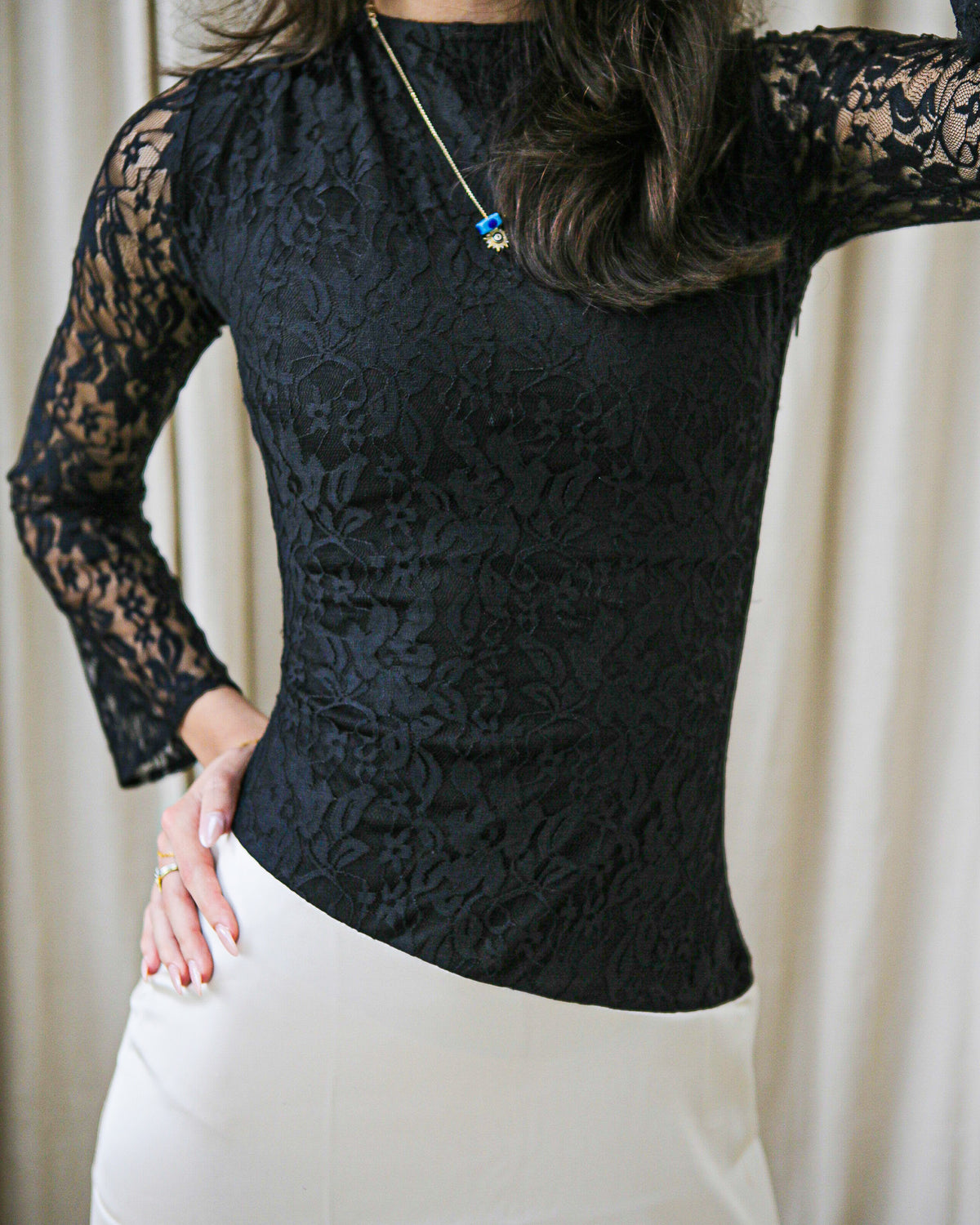 Black with cream lace and sleeve close up - Khalida dress