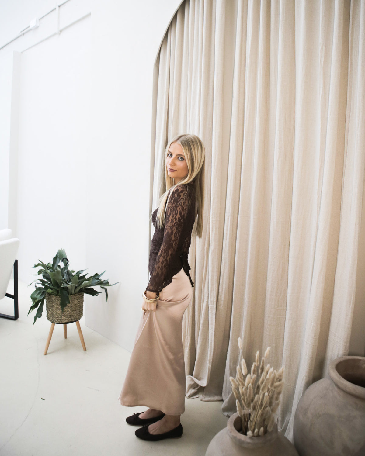 Brown with champagne side profile - Khalida petite dress