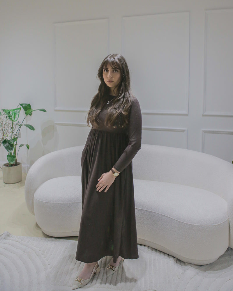 Brown standing front view - Amina petite long sleeve jersey maxi dress