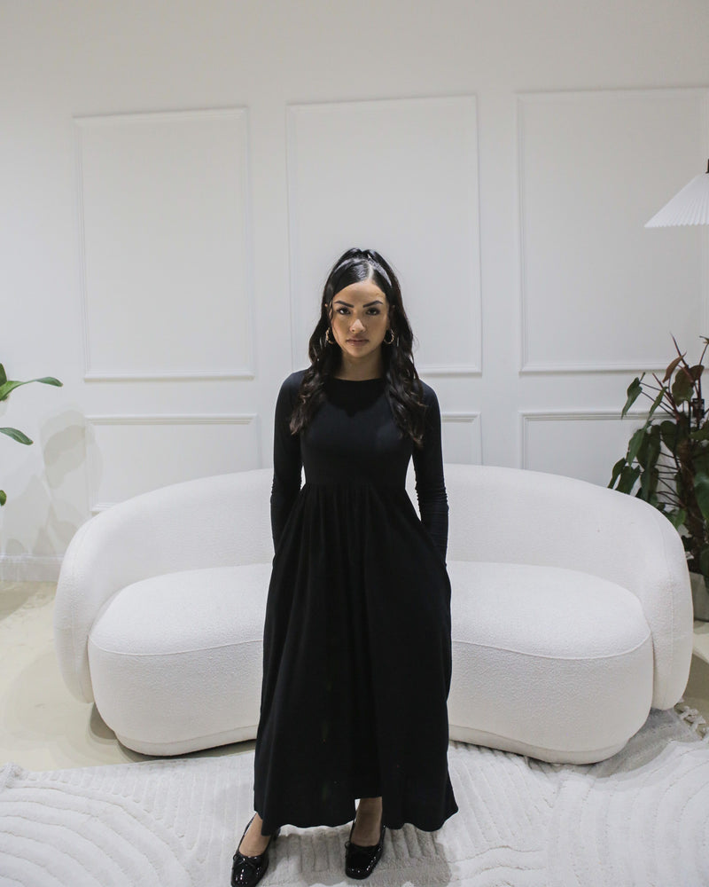 Black standing front view - Amina petite long sleeve jersey maxi dress