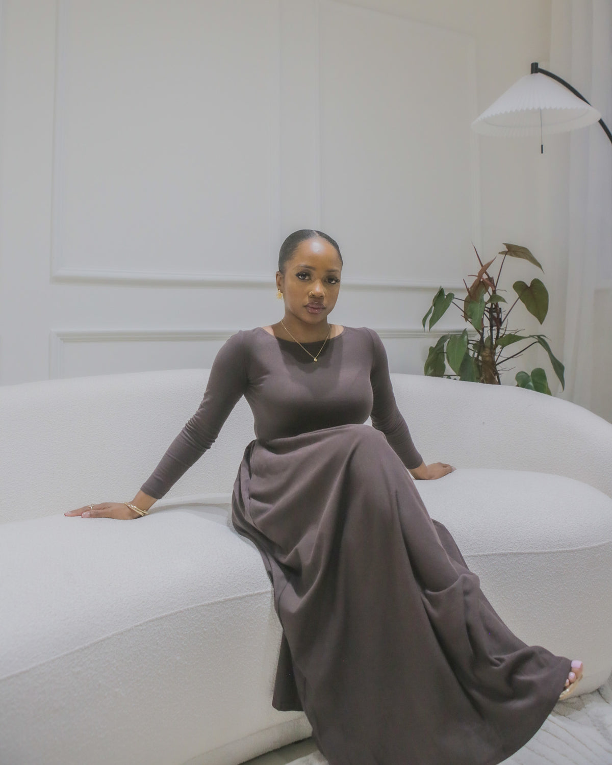 Brown seated view - Amina petite jersey maxi dress