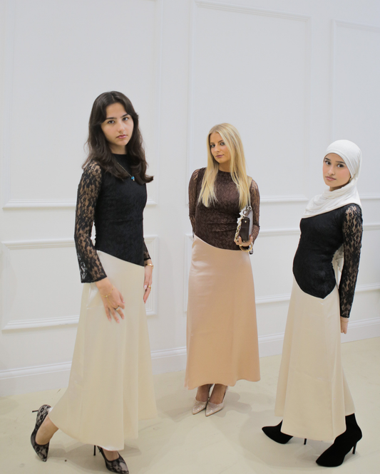 Khalida- Lace and Satin flared sleeve assymetrical waist dress